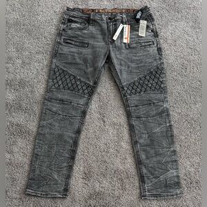 ROCK REVIVAL Mike‎ Biker Tapered Distressed Jeans Grey Black Mens Size 40x33
